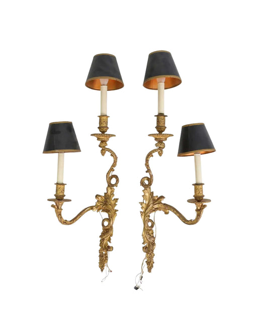 Pair of Louis XV Style Gilt Bronze Wall Sconces with Black Shades, c. 1940