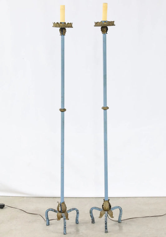 Pair of French Polychrome Torchiere Floor Lamps, Early 20th Century