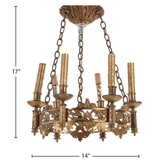 French Brass Six-Arm Chandelier, c. 1940