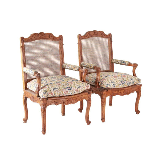 Louis XV Provincial Caned Fauteuil Arm Chairs