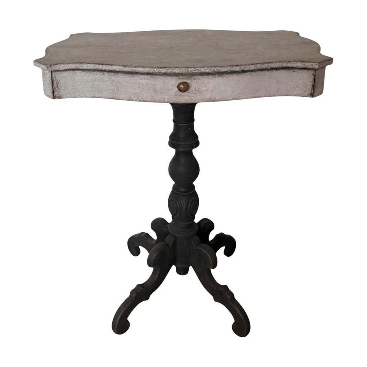 Swedish painted pedestal side table with serpentine top, drawer, and ebonized scrolled base