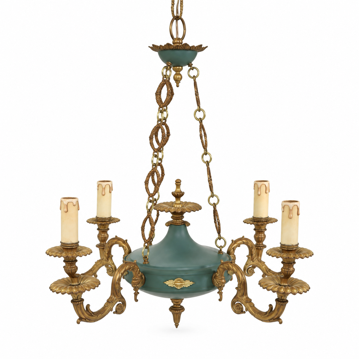 French six-light bronze chandelier with green enameled center