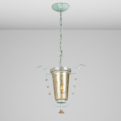Swedish Mid-Century Painted Metal & Amber Glass Pendant Light in Celadon