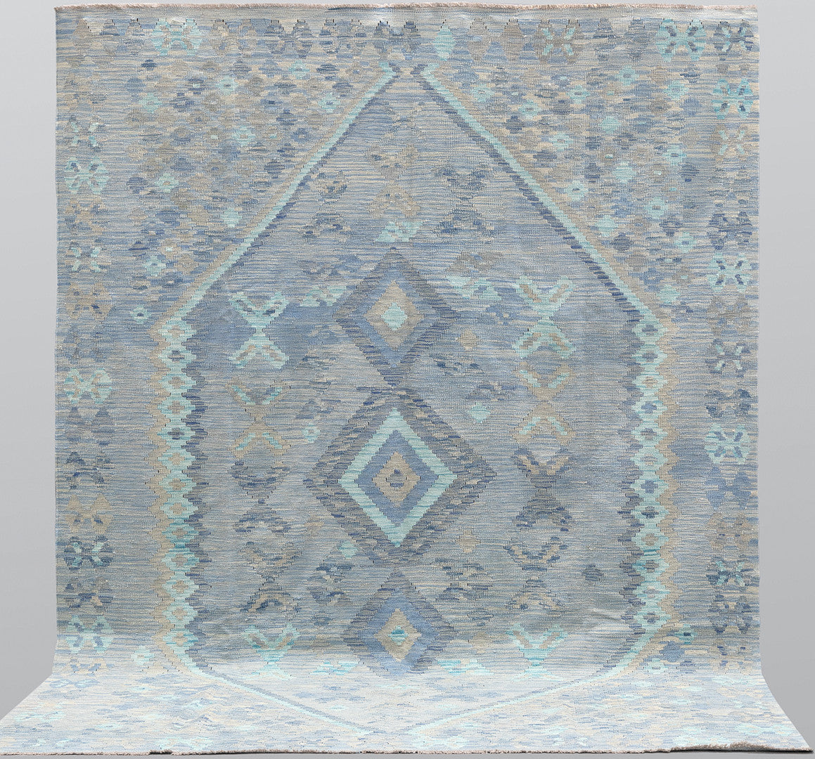 Handwoven Kilim Rug in Blue & Gray Geometric Design