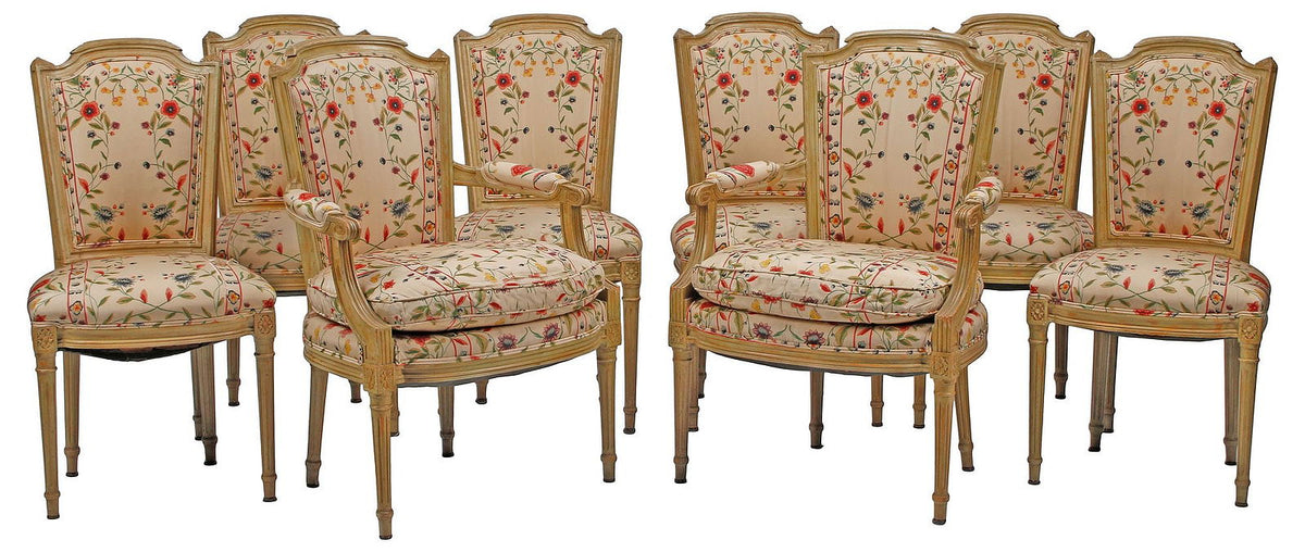 Set of Eight Louis XVI Style Floral Upholstered Painted Dining Chairs