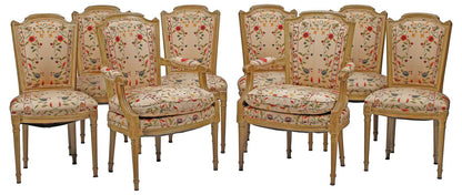 Set of Eight Louis XVI Style Floral Upholstered Painted Dining Chairs