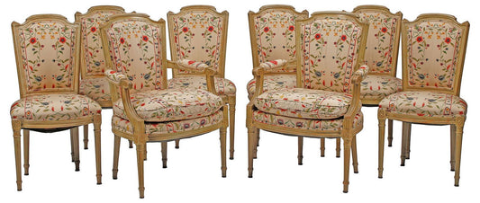 Set of Eight Louis XVI Style Floral Upholstered Painted Dining Chairs