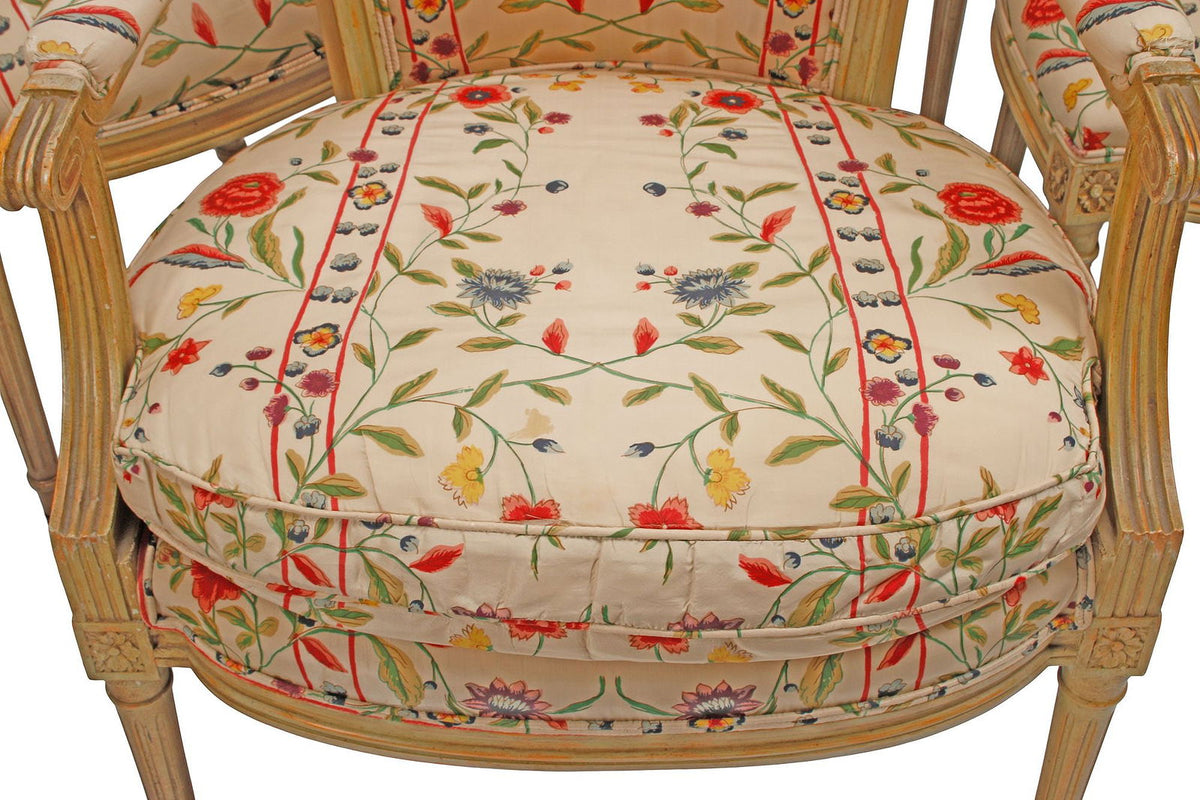 Set of Eight Louis XVI Style Floral Upholstered Painted Dining Chairs