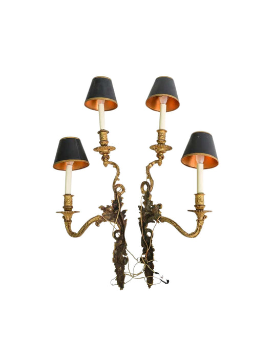 Pair of Louis XV Style Gilt Bronze Wall Sconces with Black Shades, c. 1940