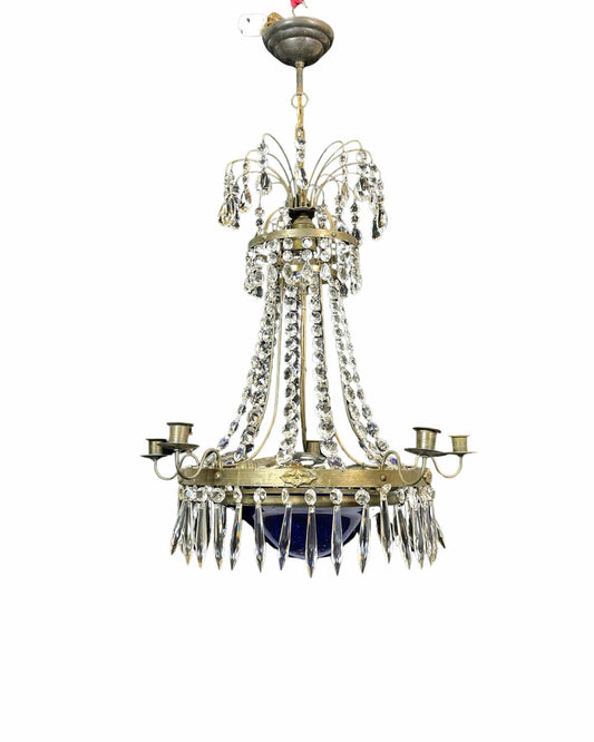 Gustavian Style Brass & Blue Glass Chandelier, Early 20th Century