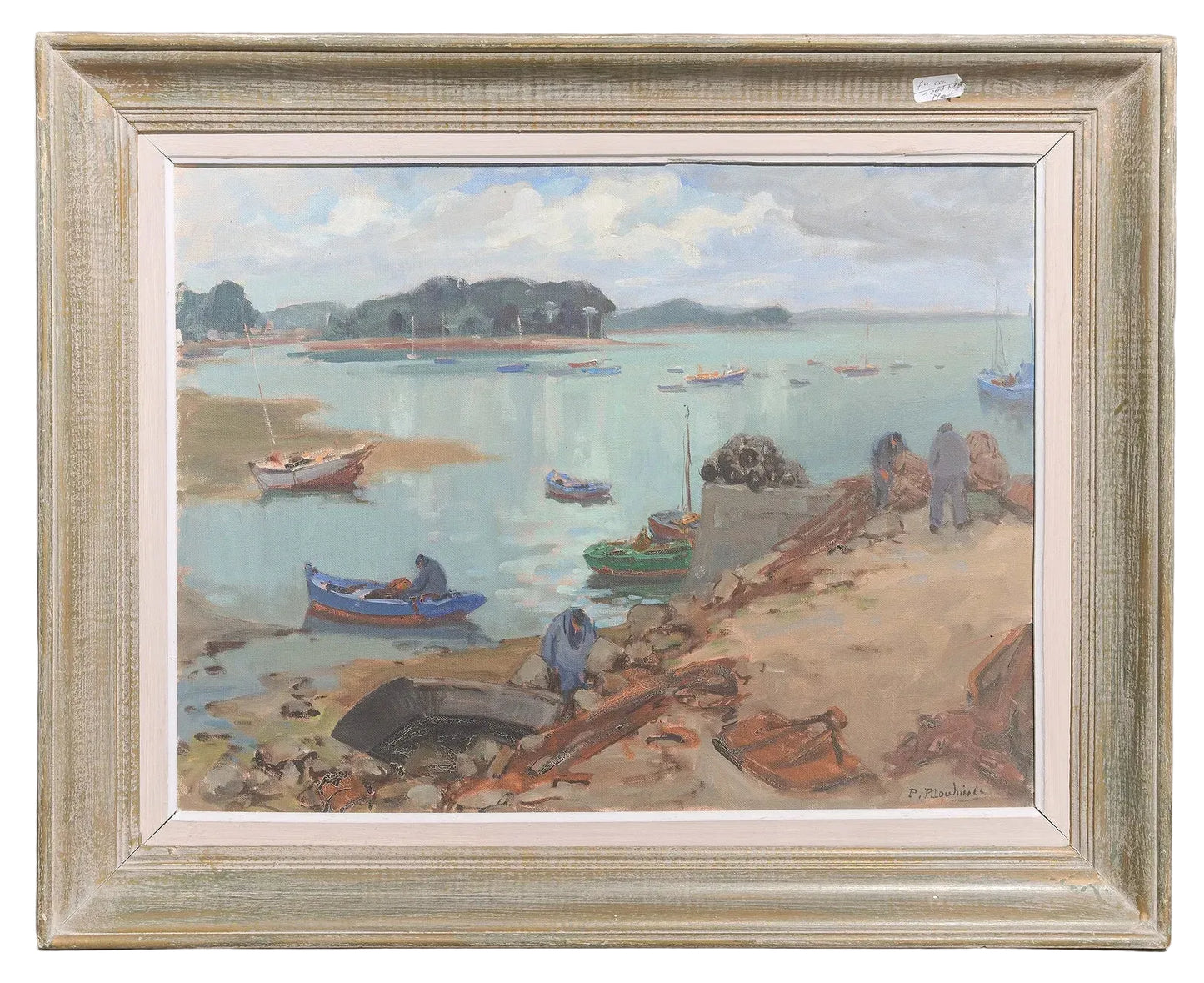 Framed painting of a coastal scene with boats and people on a beach.