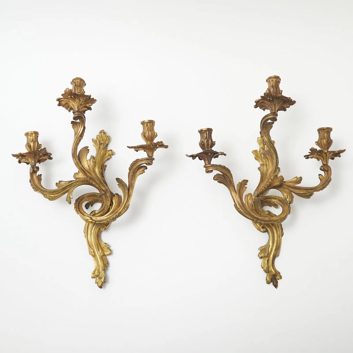 Louis XV Style Gilt Bronze Three-Light Wall Sconces, Pair
