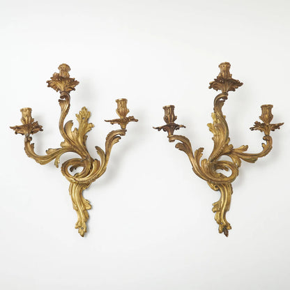 Louis XV Style Gilt Bronze Three-Light Wall Sconces, Pair