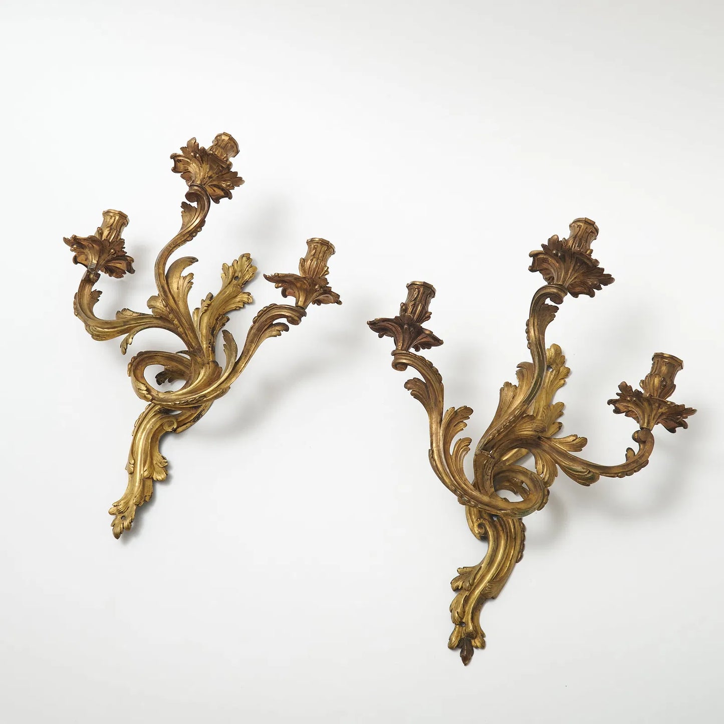 Louis XV Style Gilt Bronze Three-Light Wall Sconces, Pair
