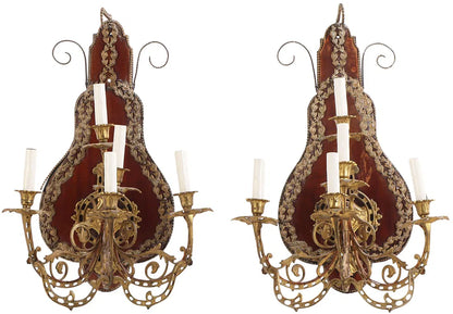 Pair of Continental Wood & Brass Five-Arm Wall Sconces, c.1880