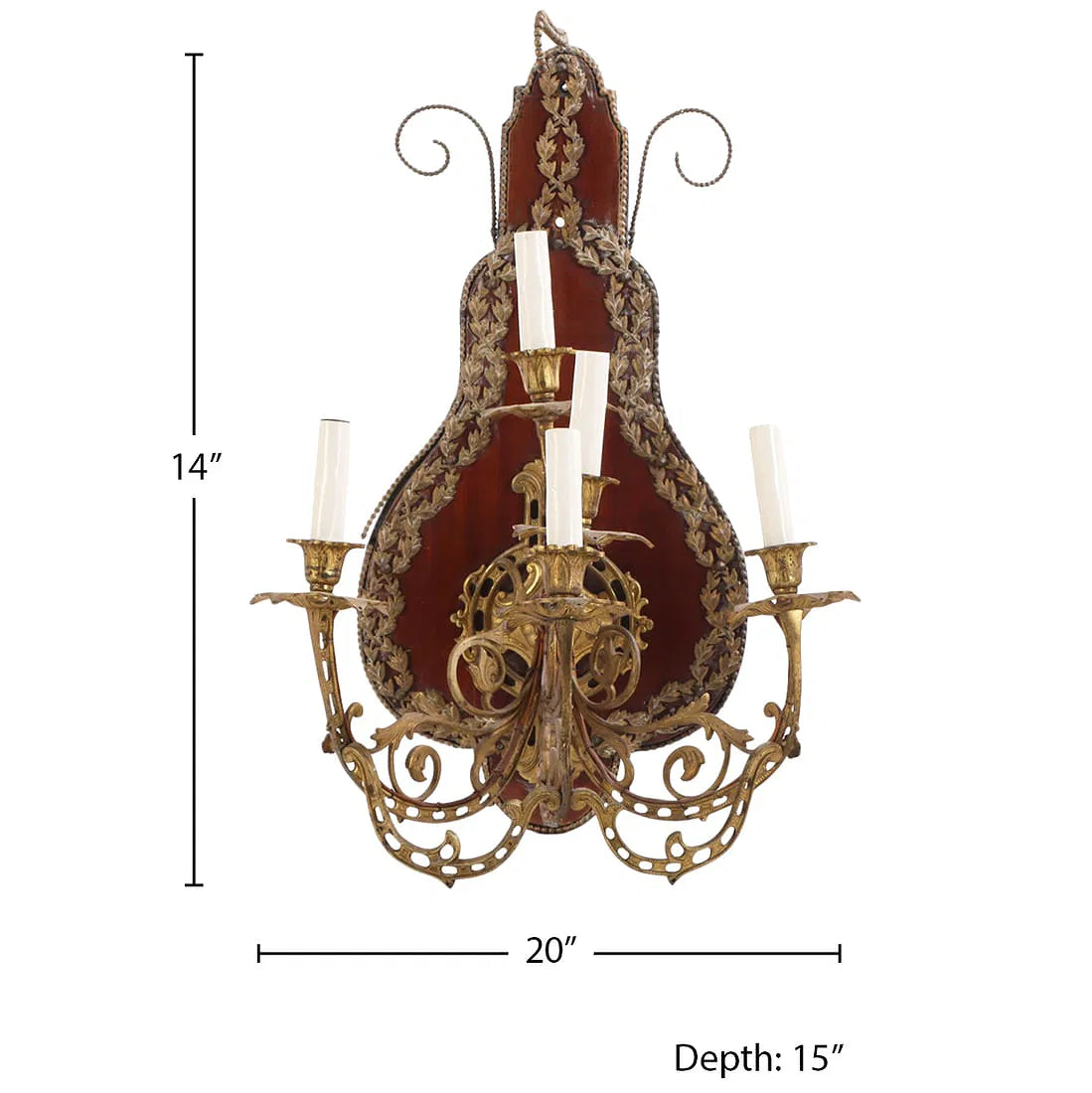 Pair of Continental Wood & Brass Five-Arm Wall Sconces, c.1880