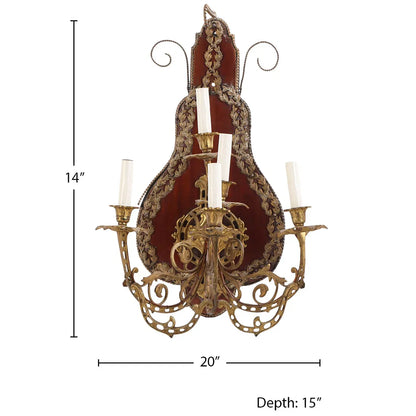 Pair of Continental Wood & Brass Five-Arm Wall Sconces, c.1880