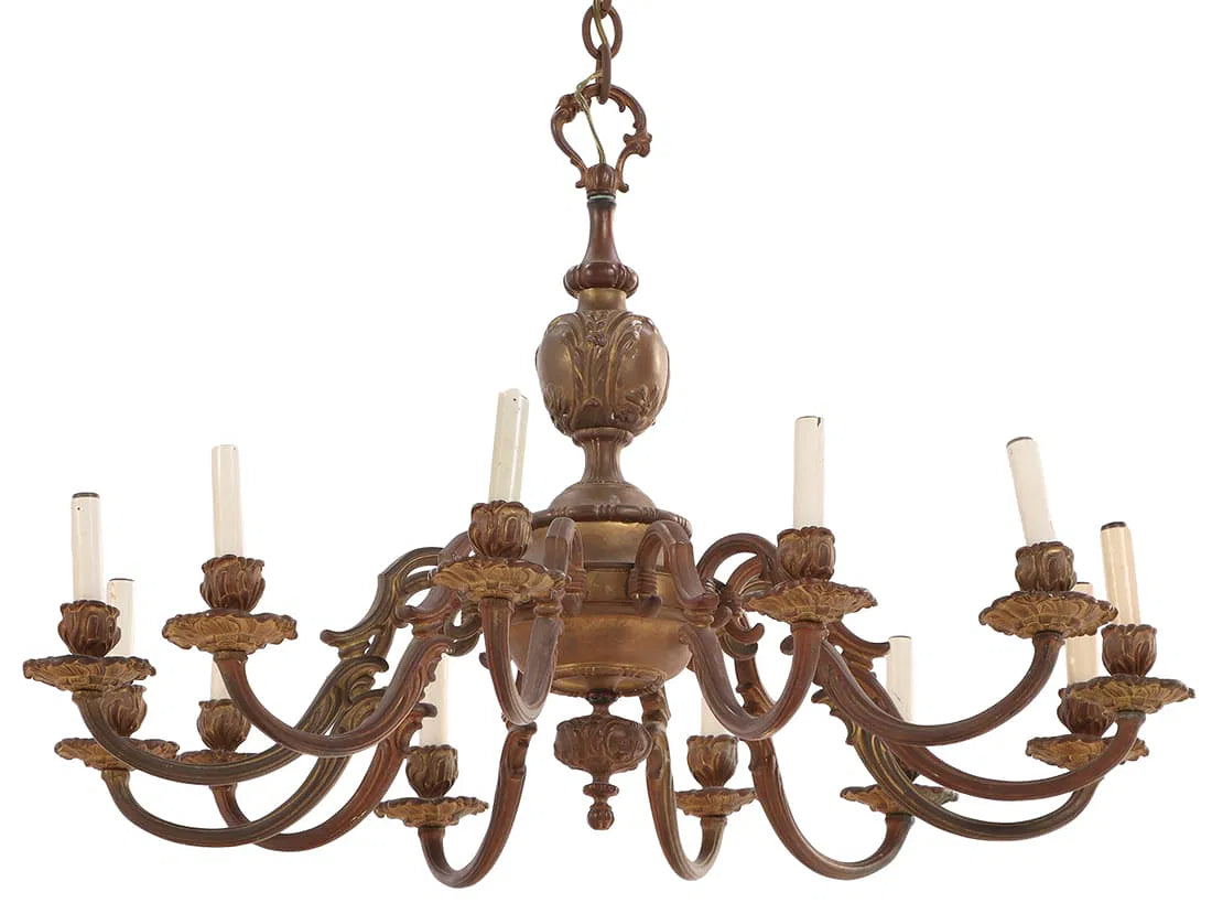 French Bronze Twelve-Arm Chandelier, Baroque Style, c. 1910