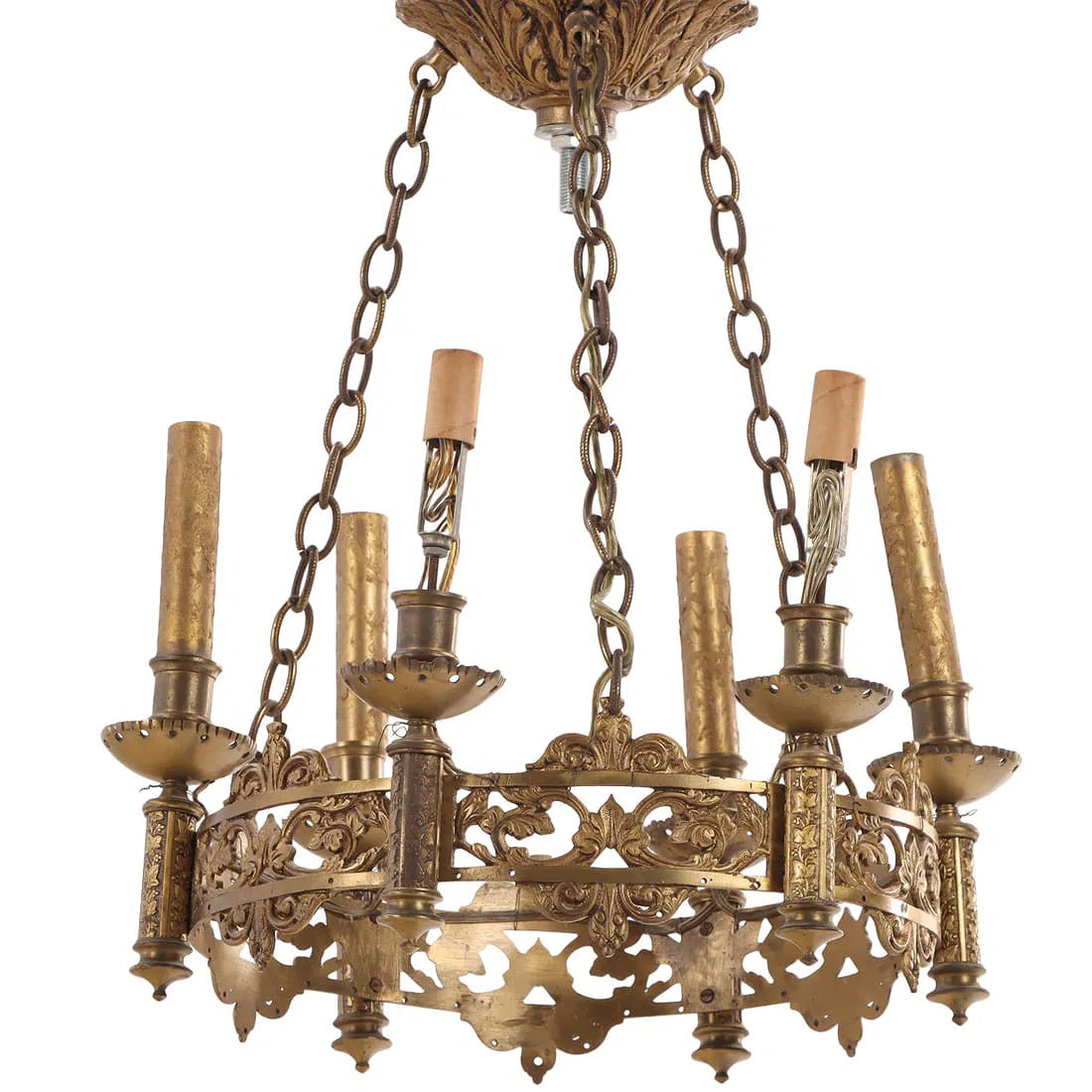 French Brass Six-Arm Chandelier, c. 1940