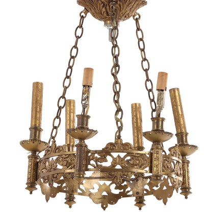 French Brass Six-Arm Chandelier, c. 1940