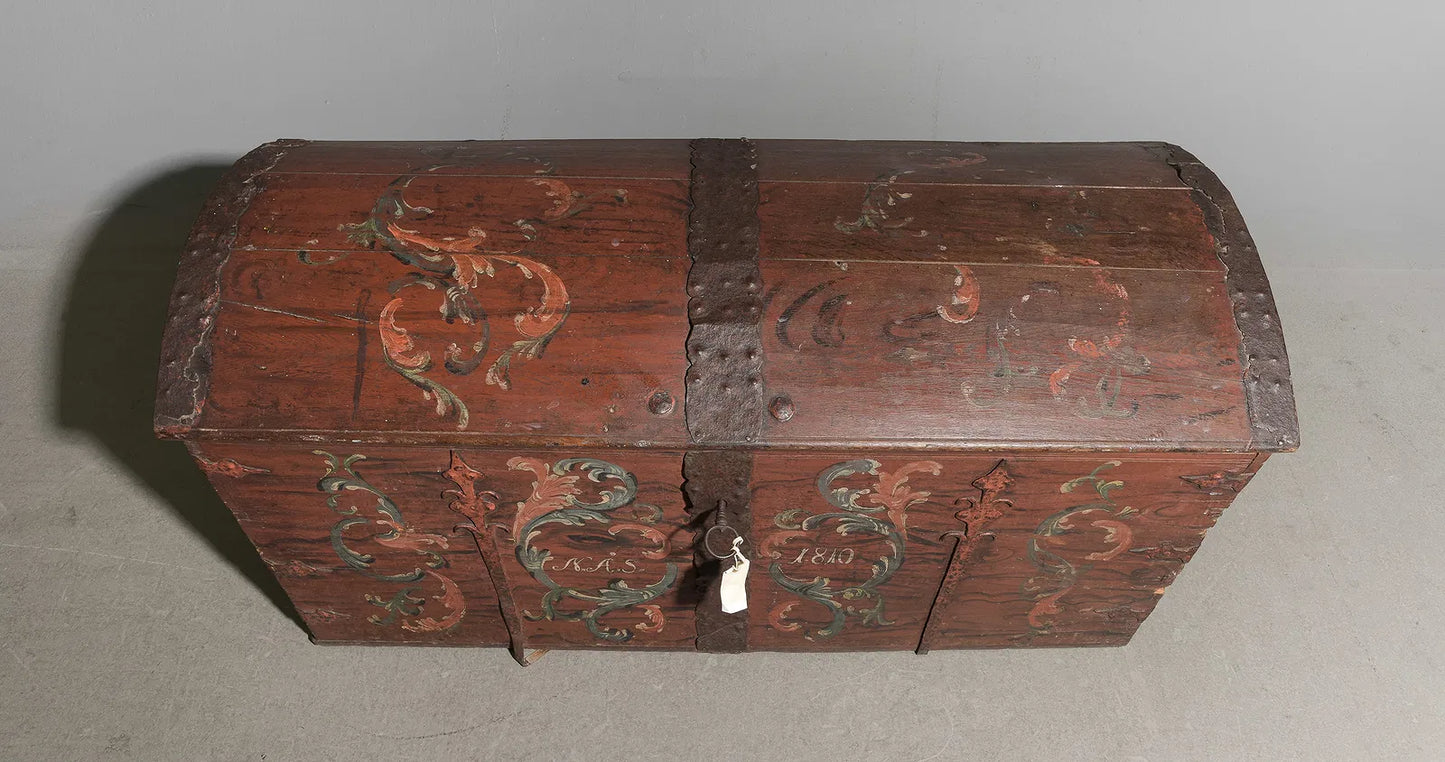 Antique Danish Hand-Painted Dome Top Blanket Chest, Dated 1810