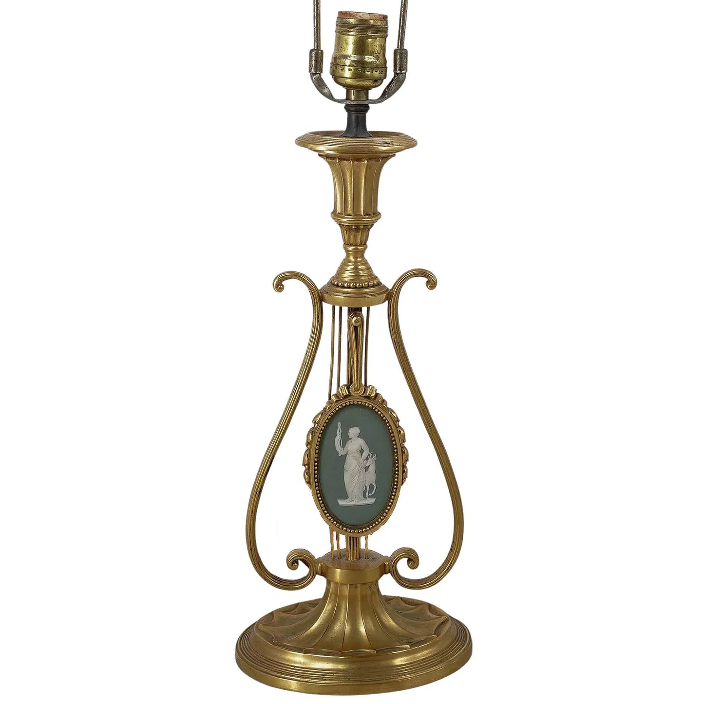 Neoclassical Gilt Bronze Lyre & Green Jasperware Table Lamp