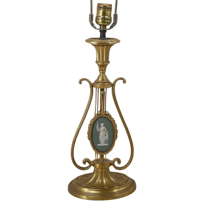 Neoclassical Gilt Bronze Lyre & Green Jasperware Table Lamp