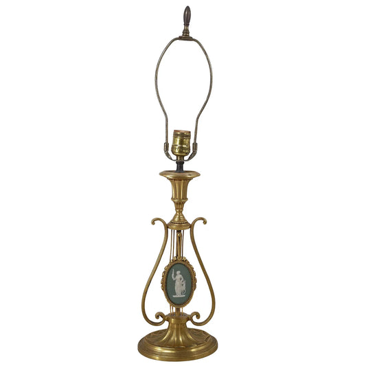 Neoclassical Gilt Bronze Lyre & Green Jasperware Table Lamp