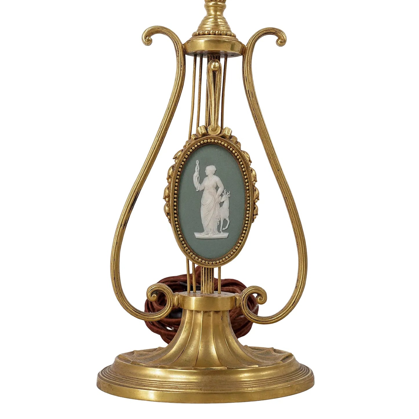 Neoclassical Gilt Bronze Lyre & Green Jasperware Table Lamp