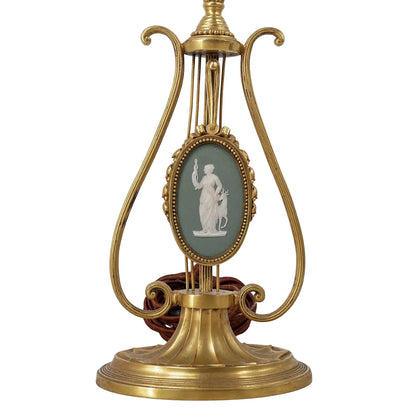 Neoclassical Gilt Bronze Lyre & Green Jasperware Table Lamp