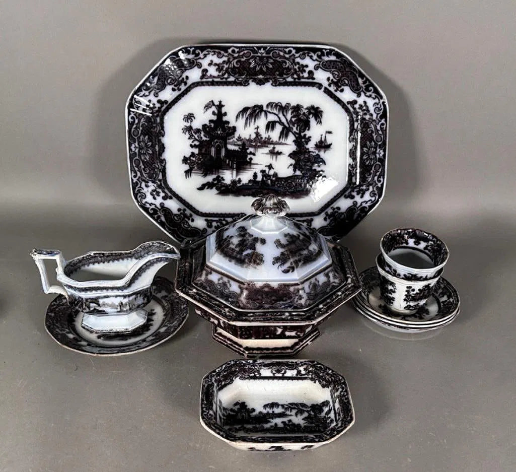 Collection of Black Transferware Ironstone, English, 19th century