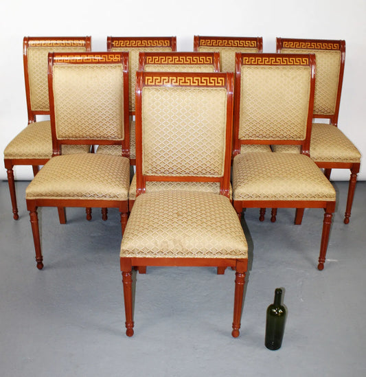 Set of 8 mahogany Greek key dining chairs with gold patterned upholstery