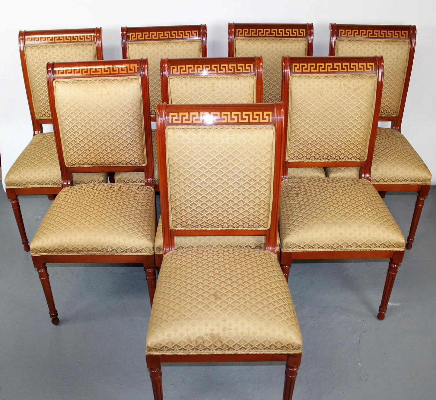 Set of 8 mahogany Greek key border chairs