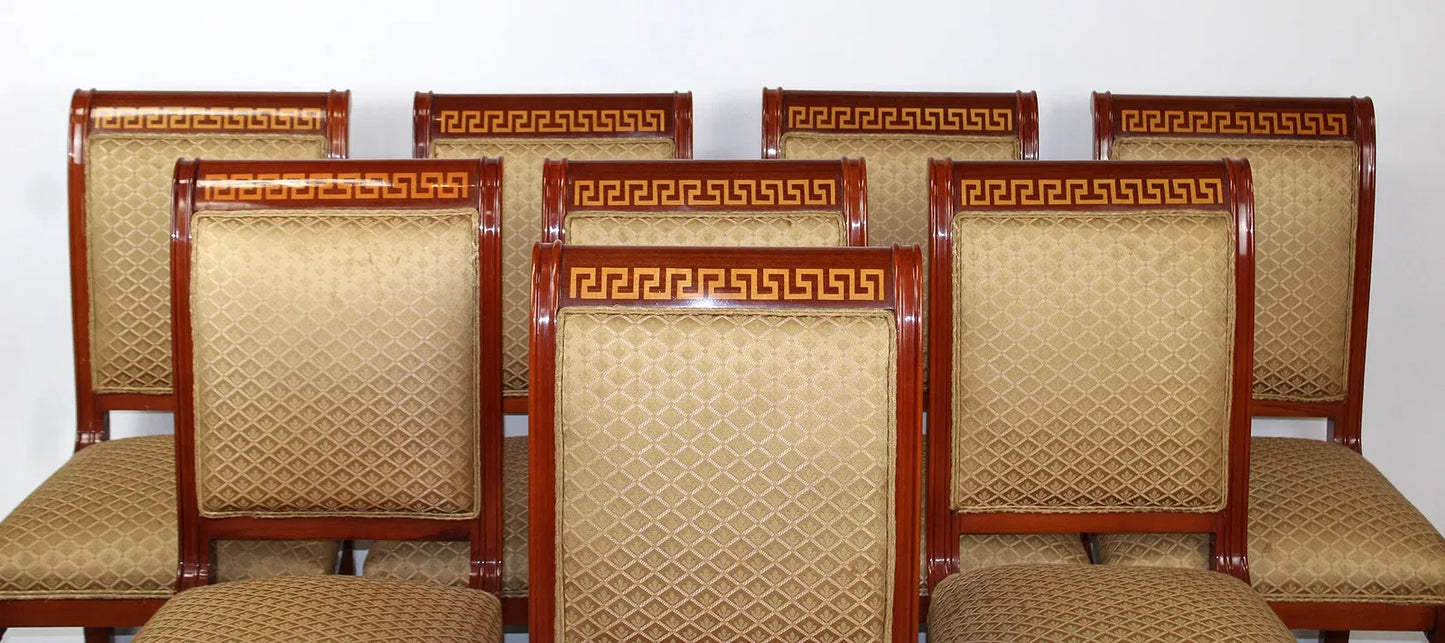 Set of 8 mahogany Greek key border chairs