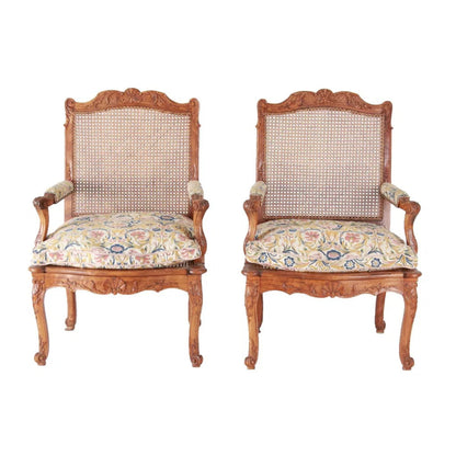 Louis XV Provincial Caned Fauteuil Arm Chairs