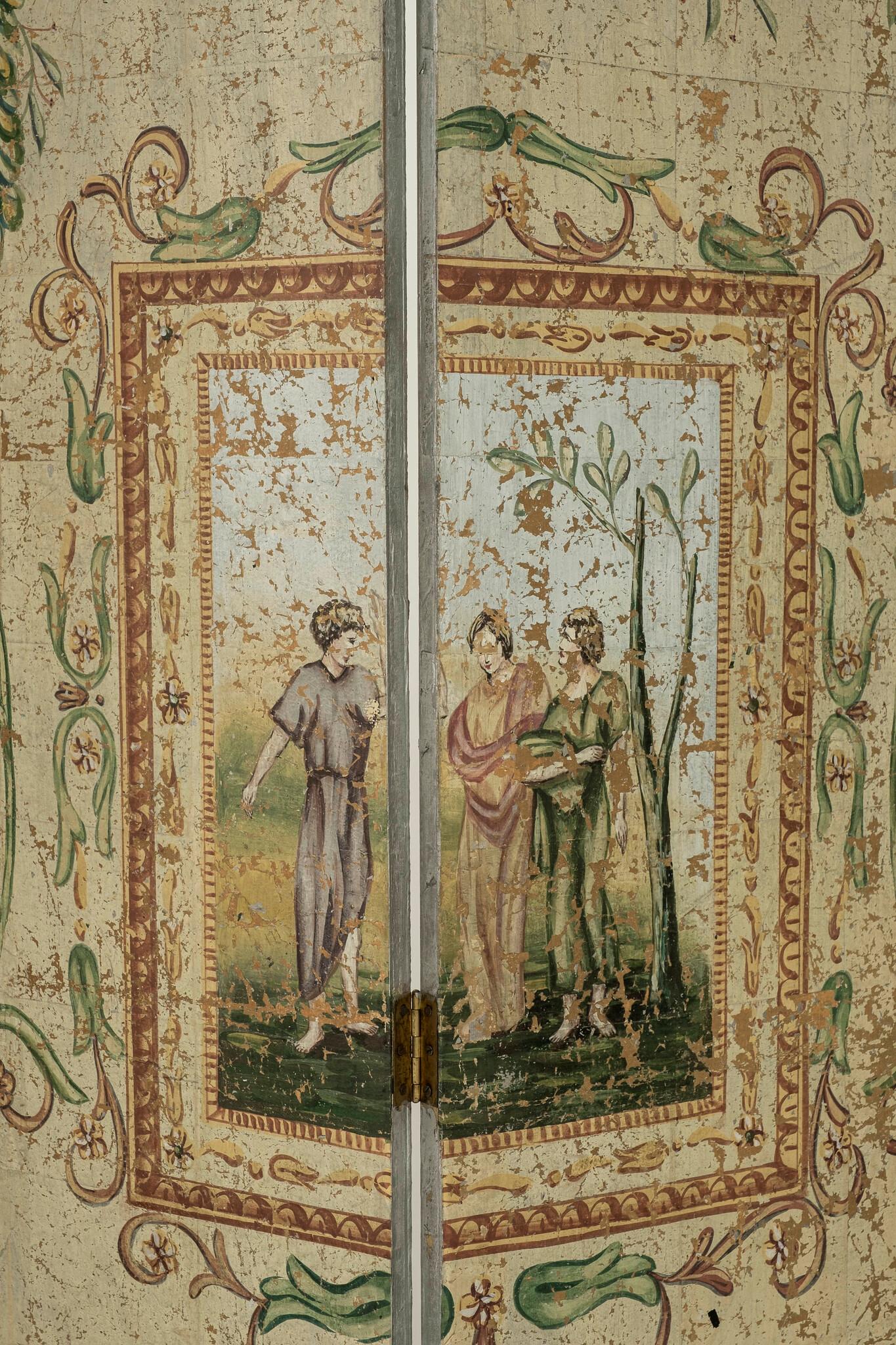 Late 20th C. Hand-Painted Neoclassical 4-Panel Folding Screen, 7 ft.