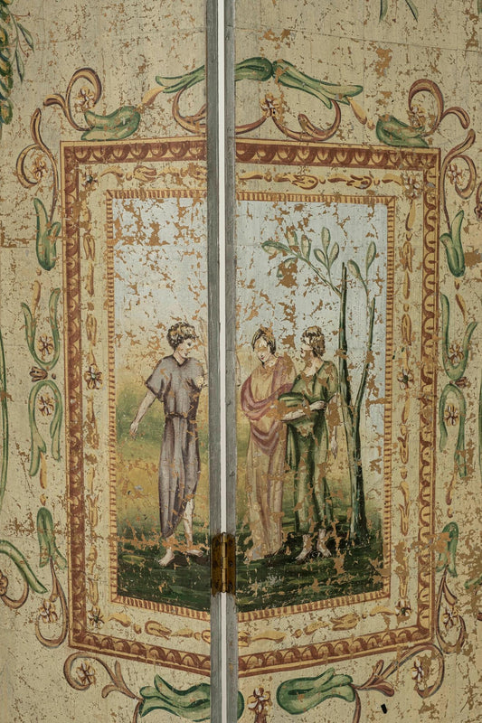 Late 20th C. Hand-Painted Neoclassical 4-Panel Folding Screen, 7 ft.