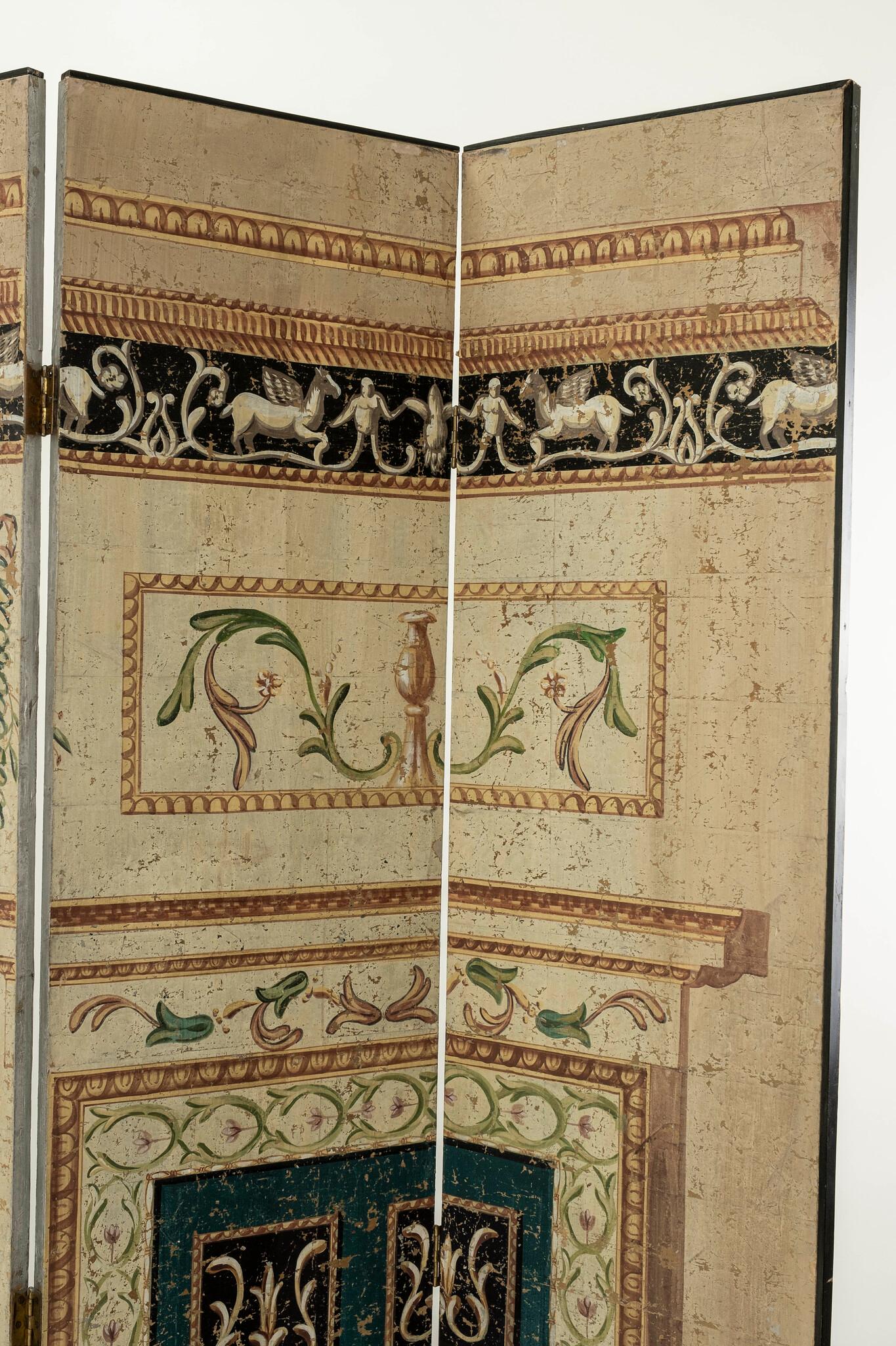 Late 20th C. Hand-Painted Neoclassical 4-Panel Folding Screen, 7 ft.