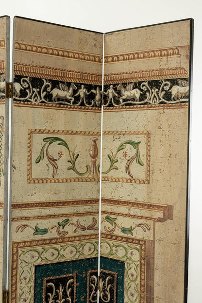 Late 20th C. Hand-Painted Neoclassical 4-Panel Folding Screen, 7 ft.