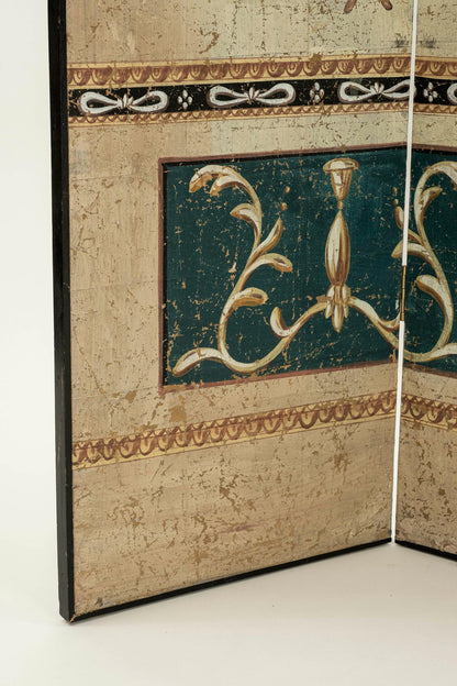 Late 20th C. Hand-Painted Neoclassical 4-Panel Folding Screen, 7 ft.