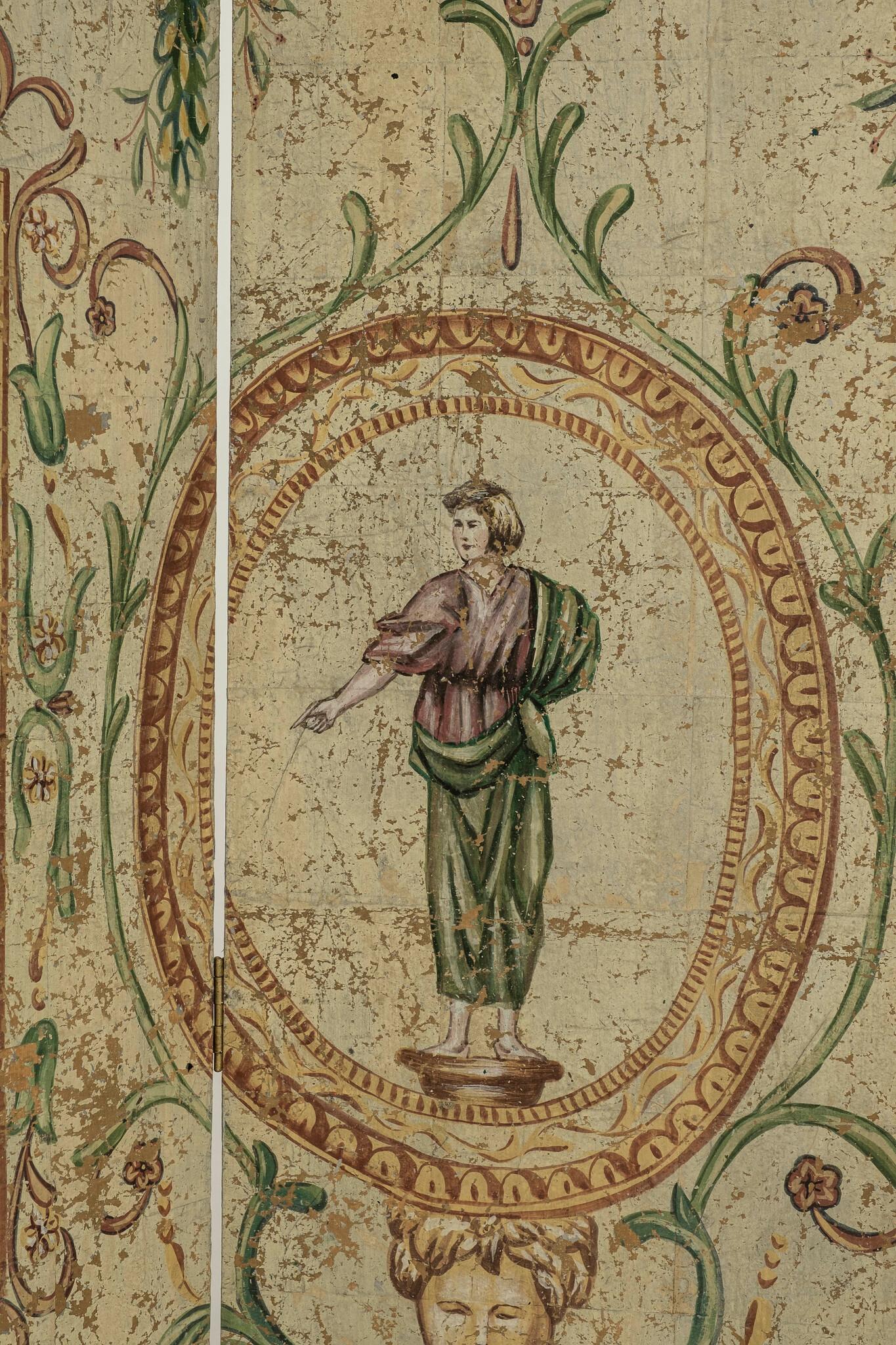 Late 20th C. Hand-Painted Neoclassical 4-Panel Folding Screen, 7 ft.