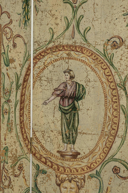 Late 20th C. Hand-Painted Neoclassical 4-Panel Folding Screen, 7 ft.