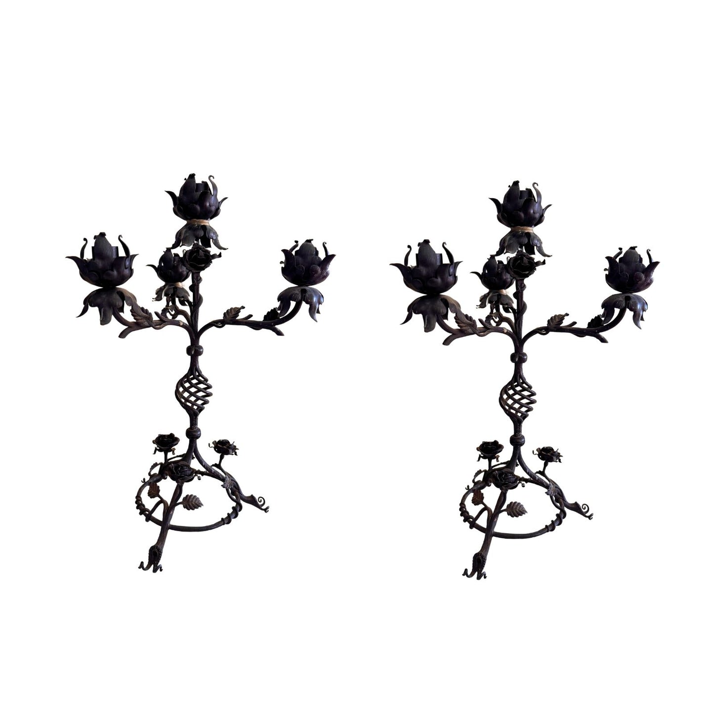 Pair of Vintage Wrought Iron Floral Candelabras, 5-Arm