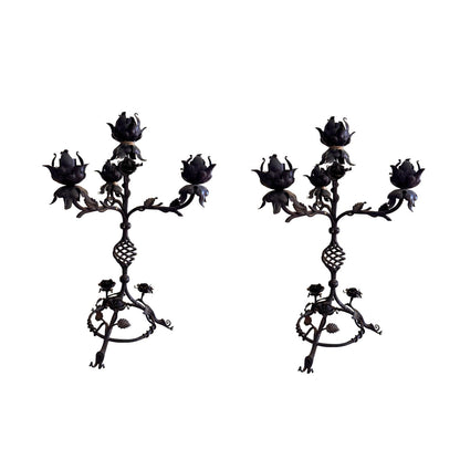 Pair of Vintage Wrought Iron Floral Candelabras, 5-Arm