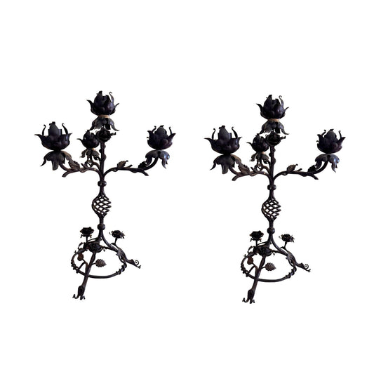 Pair of Vintage Wrought Iron Floral Candelabras, 5-Arm