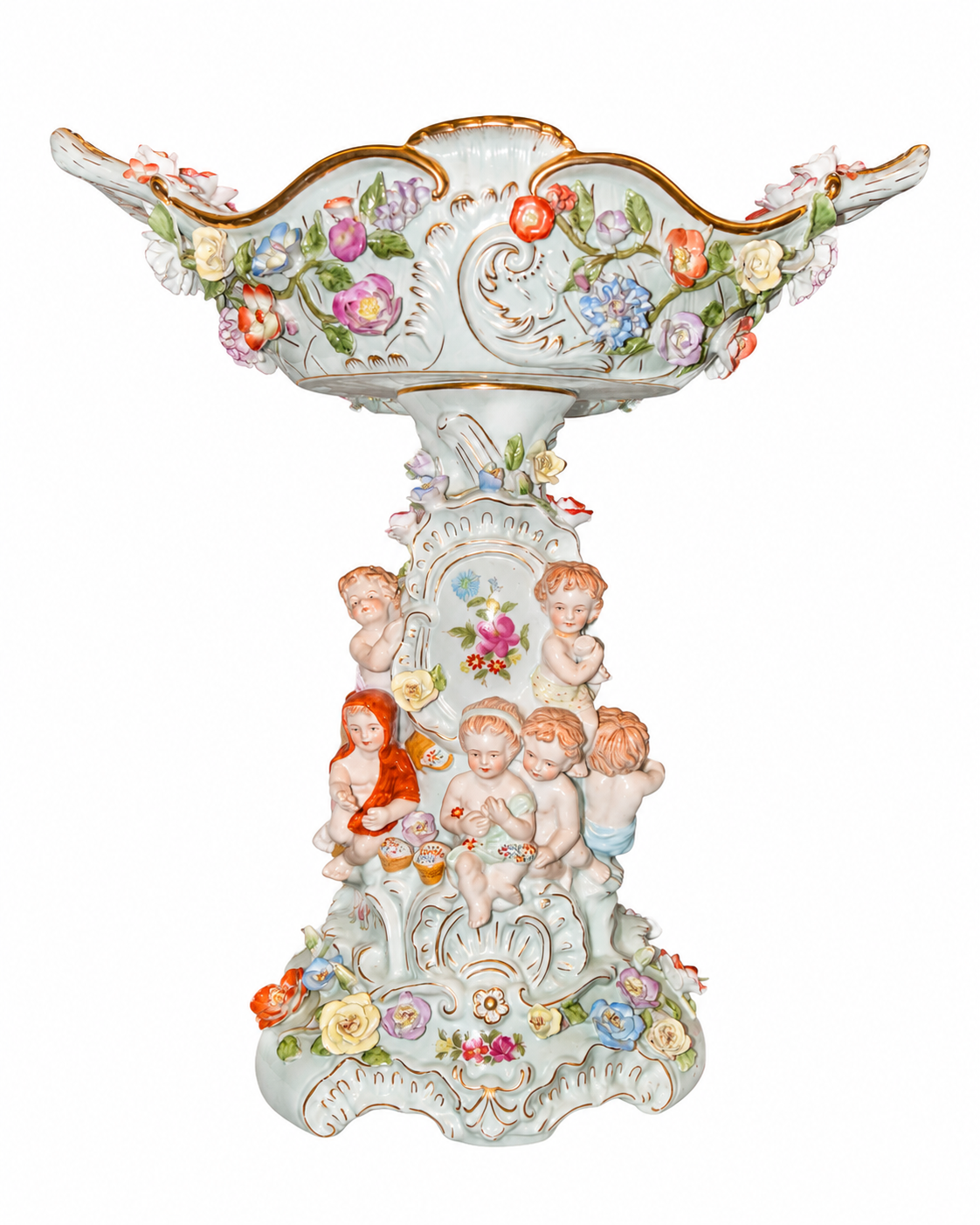 20th Century Large Meissen Style Porcelain Centerpiece — Putti & Applied Flowers