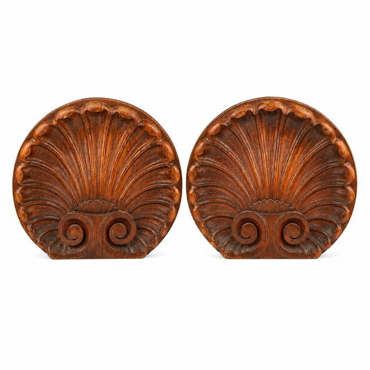 Pair of Early 20th Century Danish Carved Oak Scallop Shell Architectural Ornaments