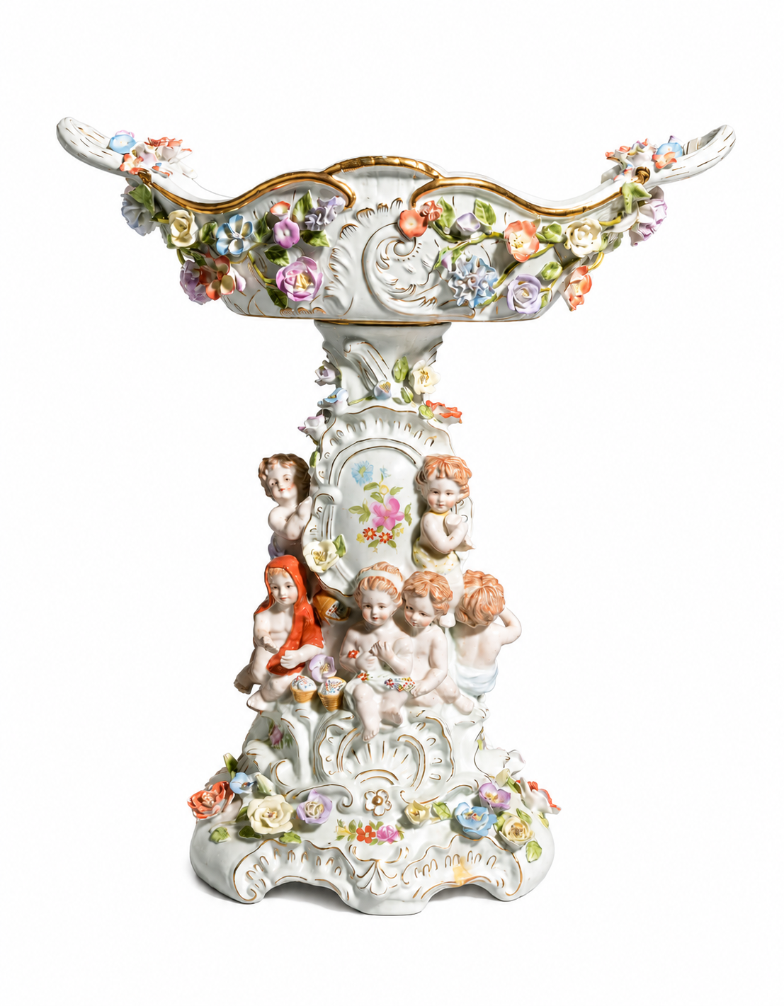 20th Century Large Meissen Style Porcelain Centerpiece — Putti & Applied Flowers