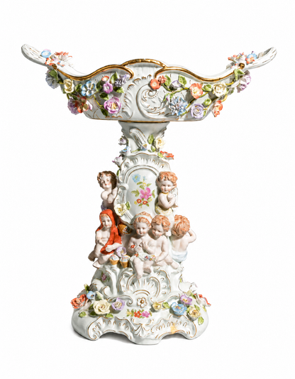 20th Century Large Meissen Style Porcelain Centerpiece — Putti & Applied Flowers