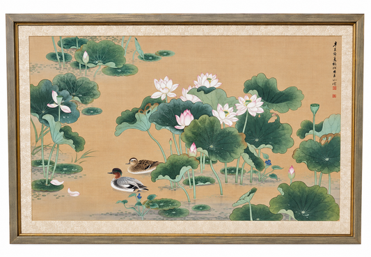 Large Chinese Watercolor Painting with Ducks and Lotus